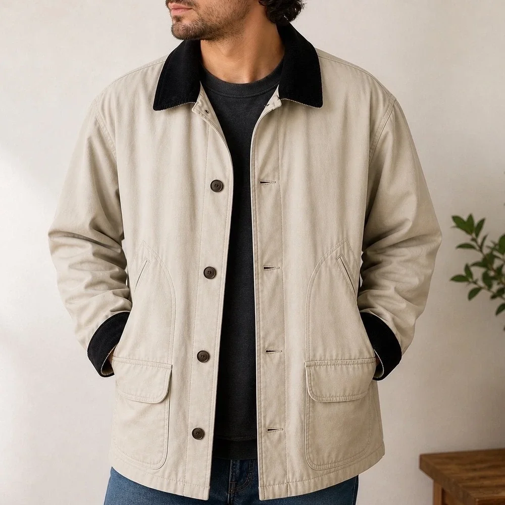 Lands End Mens XXL Barn Coat Canvas Field Jacket Khaki Plaid Removable Liner